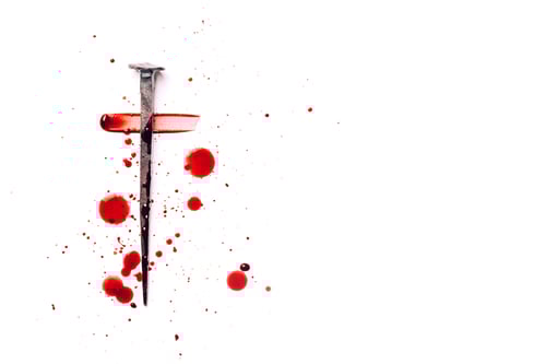 Preview: Christian cross made with rusty nails, drops of blood on white background. Copy space. Good Friday