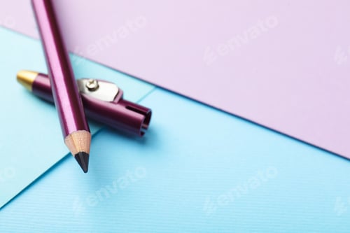 Preview: Eye pencil with sharpener on color background, closeup. Space for text