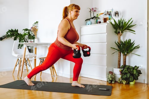 Preview: Active Woman Doing Lunges with Kettlebells at Home