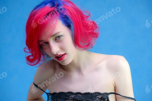 Preview: High Fashion Model Woman With Multi-Colored Hair Posing In The Studio, Portrait Of A Beautiful Sexy