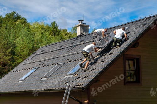 Preview: Men worker installing solar photovoltaic panels on roof, alternative energy, saving resources and