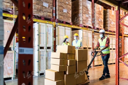 Preview: Group of diversity Workers wearing protective face mask working in factory warehouse.