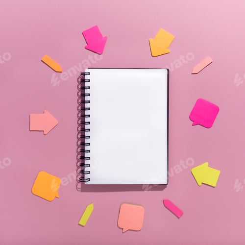 Preview: Stickers arrows showing promotion on notepad with blank space