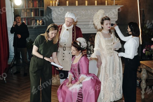 Preview: Caucasian Adults in Baroque Costumes Preparing for Renaissance Period Filming