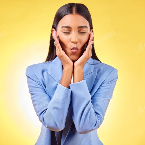 Preview: Hands, lips pout and woman with eyes closed in studio isolated on a yellow background. Face touch,