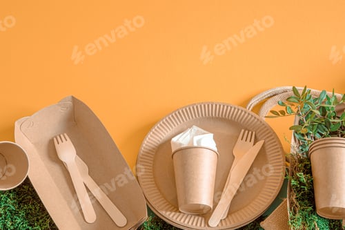 Preview: eco friendly disposable dishes made paper on an orange background.