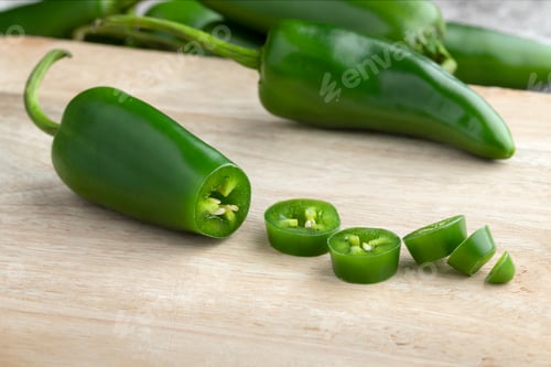 Preview: Fresh green jalapeno peppers and slices