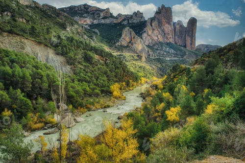 Preview: Autumn colors over the river. In the background the Mallos de Riglos, Spain