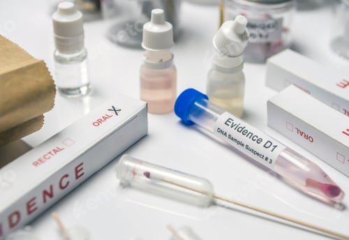 Preview: Hematological analysis with forensic test kit in a murder in a crime lab, conceptual image