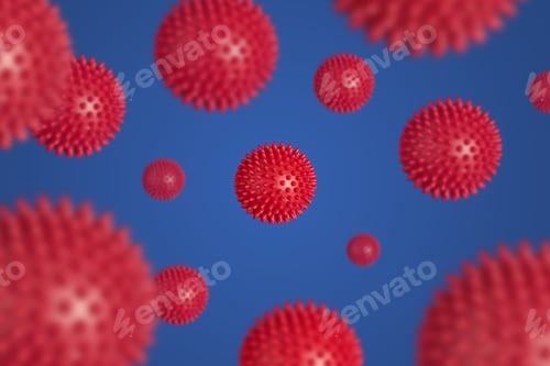 Preview: Red Spiked Spheres on Blue Background Science Concept