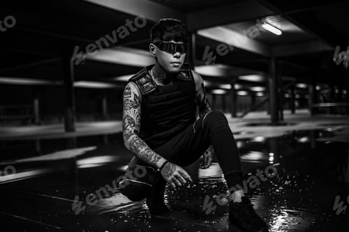 Preview: Man in the night city. Portrait of a man with Asian appearance in a neon city.