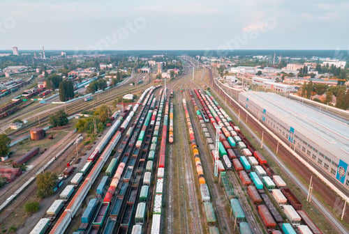 Preview: Aerial view of colorful freight trains. Railway station