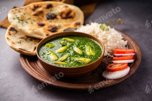 Preview: palak baby corn sabzi also known as spinach makai curry served with rice or roti, Indian food