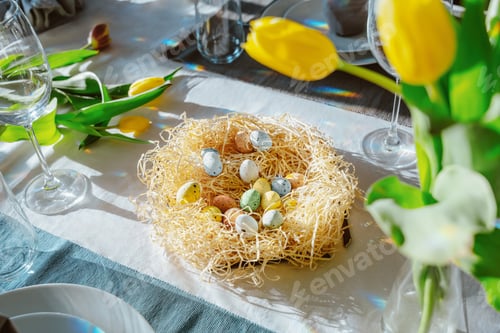 Preview: Beautiful Easter table setting with festive decor indoors. Napkin in shape of rabbit ears