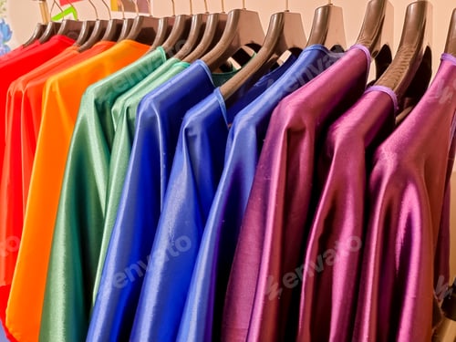 Preview: Rainbow colors. Choice of casual clothes on black hangers, isolated on white.Variety of silk dresses