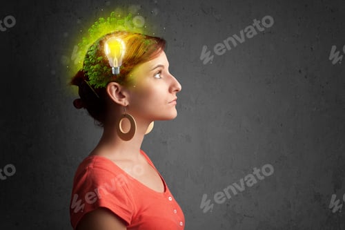 Preview: Young Mind Thinking Of Green Eco Energy With Lightbulb On Grungy Background