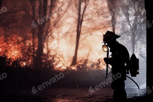 Preview: firefighter silhouette in the rain with a fire and smoke in the background, portrait, epic scene