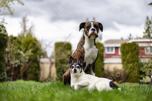 Preview: Boxer Dog and Toy Fox Terrier sitting on grass outside.