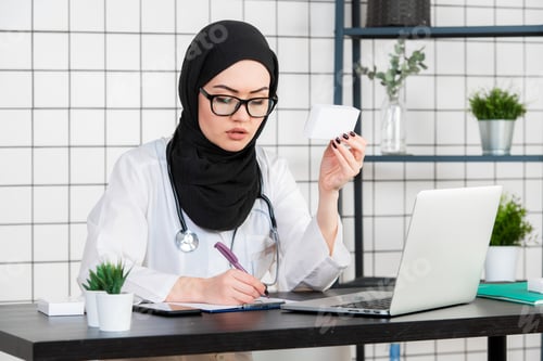 Preview: Woman Doctor Writing Notes in Hospital Office
