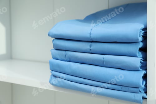 Preview: Light blue medical uniforms on white rack, closeup