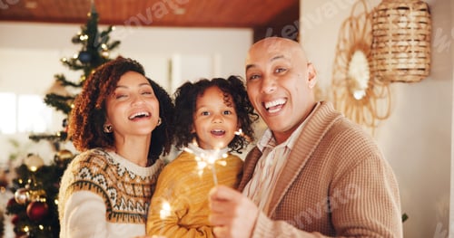 Visualização: Natal, retrato e felicidade com a família e brilho para magia festiva, alegria de Natal e celebridade de Natal