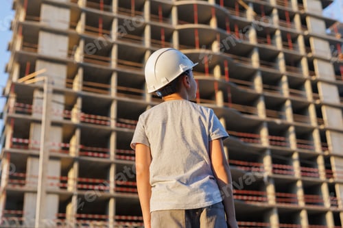 Preview: Little boy in a protective helmet looks at the construction of a multi-storey building at sunset.