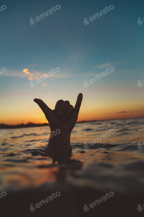 Preview: Hand with shaka gesture between water surface and sky at sunset