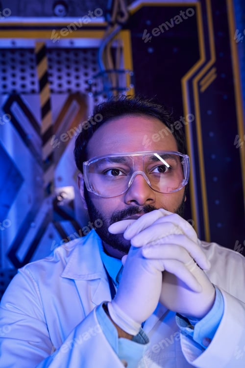 Preview: thoughtful indian scientist in goggles and latex gloves in innovation hub, creative thinking