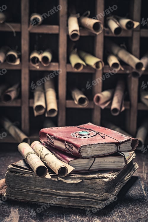 Preview: Magic books and scrolls in antique library