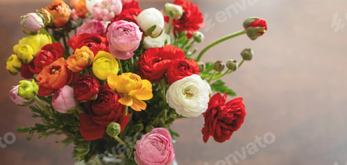 Preview: Fresh buttercup flower bouquet, colorful herbaceous plant background, close up