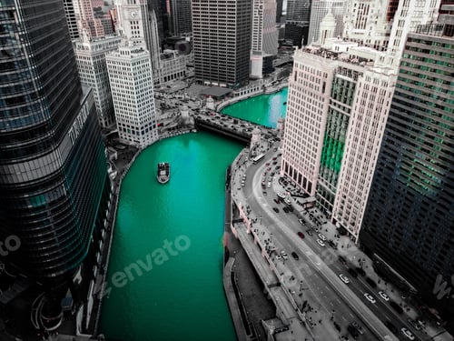 Preview: Aerial of the Chicago River on Saint Patrick's day.