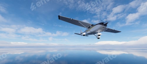 Preview: Single Engine Airplane flying over dramatic landscape at sunny day.