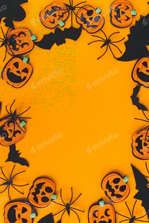 Preview: Happy Halloween. Pumpkins, spiders, bats frame on orange background flat lay. Greeting card
