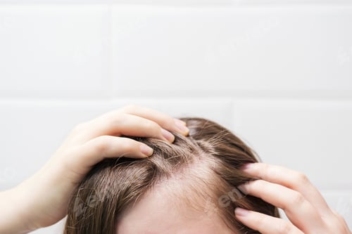 Preview: Woman touching her hair close-up on white tiles background, hair loss concept.