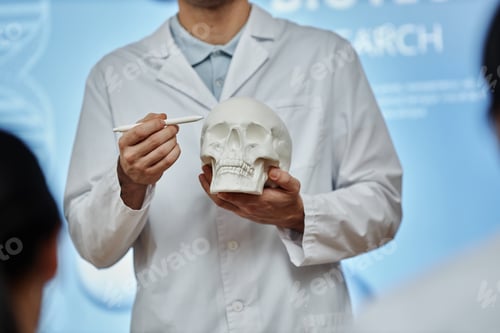 Preview: Cropped shot of doctor pointing at skull model during lecture or seminar
