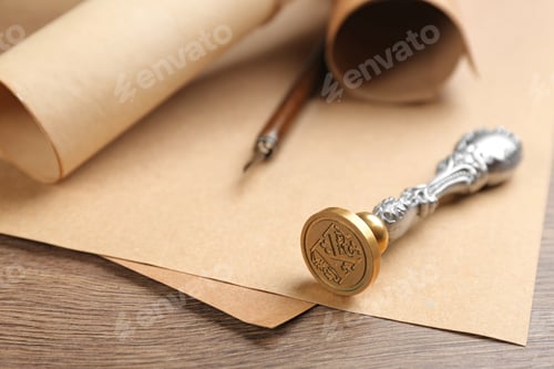 Preview: Notary's public pen and documents on wooden table, closeup