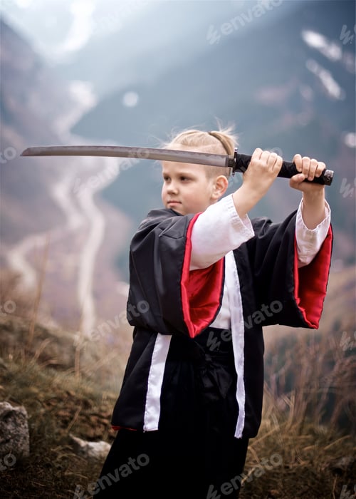 Preview: Way of the Samurai Boy dressed as a samurai stands with katana