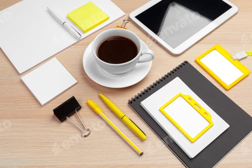 Preview: Corporate identity design template on wooden desk close up