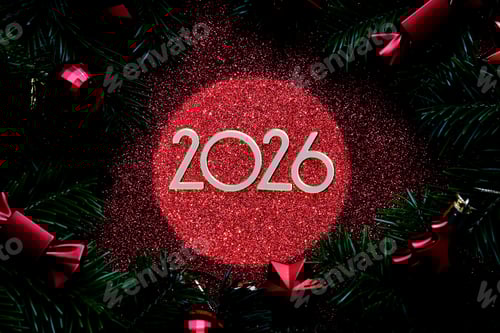 Visualização: Fundo vermelho de Ano Novo de 2026. Número do próximo ano na decoração de Natal.