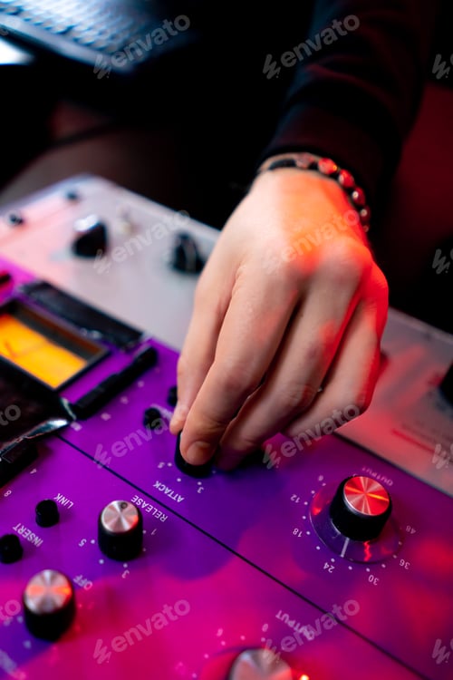 Preview: in the recording room under neon lighting professional remote control for adjusting the sound the