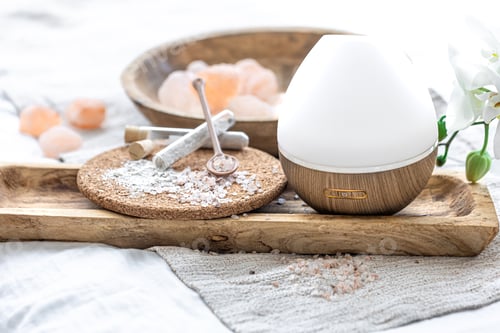 Preview: Spa composition with humidifier and sea salt, health concept.