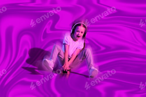 Preview: Happy preteen girl having fun on iridescent holographic foil background