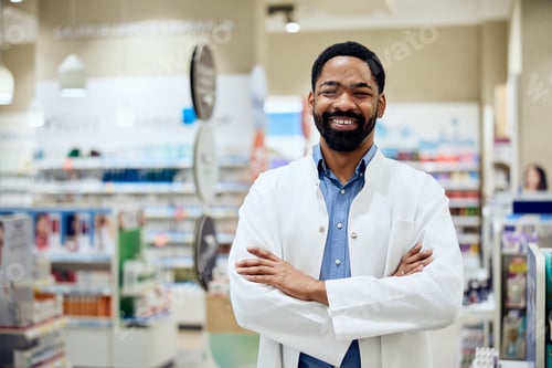 Preview: Confident Pharmacist Smiling in a Modern Pharmacy Interior Setting