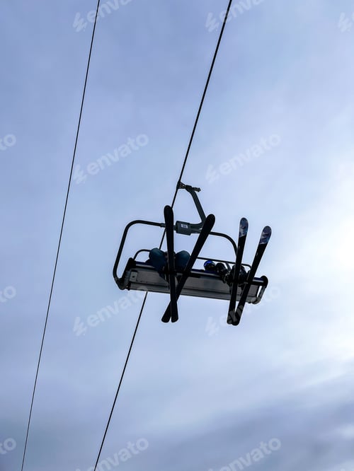 Preview: Ski Lift snowy mountain winter forest with chair lift At The Ski Resort in winter. Snowy weather Ski