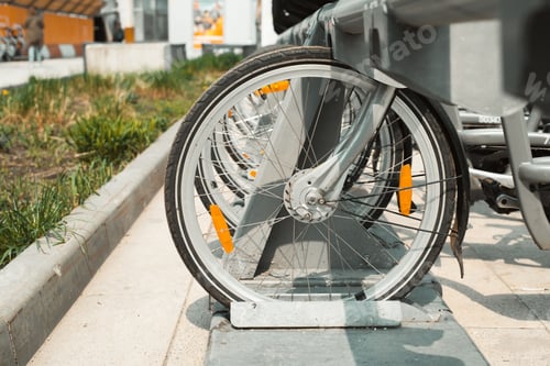 Preview: Rental point of public municipal transport for active walks in the park or city. Parking of bicycles