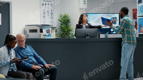 Preview: Female receptionist helping patients to fill in medical report