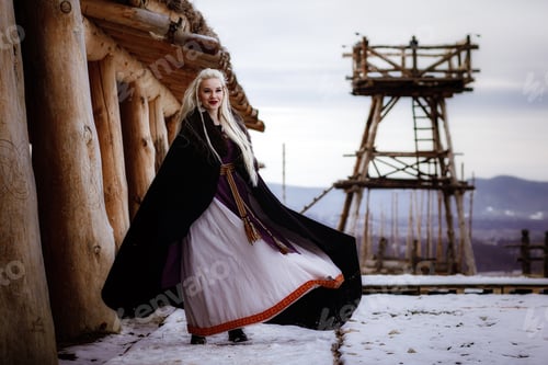 Preview: Beautiful blonde Viking dressed in a black cloak against the backdrop of the castle