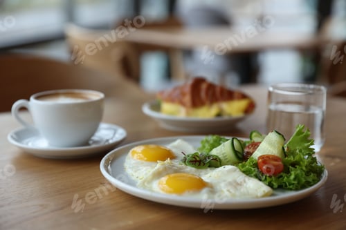 Preview: Delicious breakfast served on wooden table in cafe, closeup