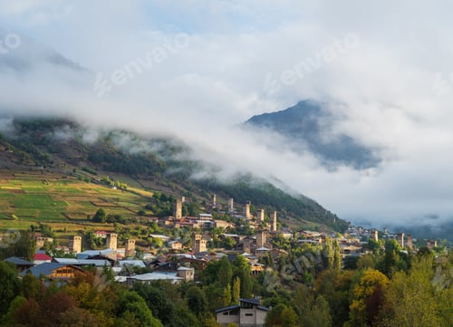 Preview: Old Georgian town of Mestia. Tourist attraction