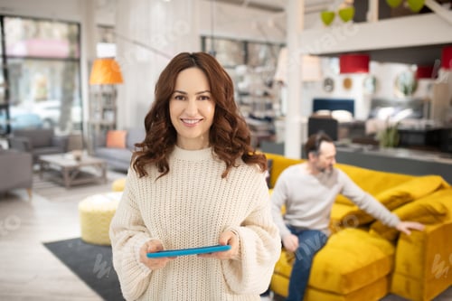 Preview: Woman with tablet in her hands smiling nicely